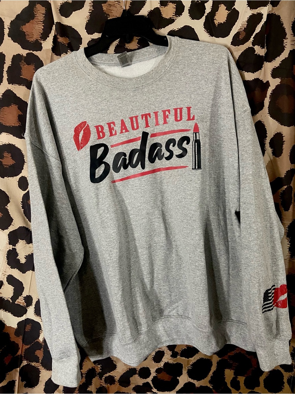 2X  Gray Crewneck Sweatshirt with Red & Black 'Beautiful Badass' Graphic